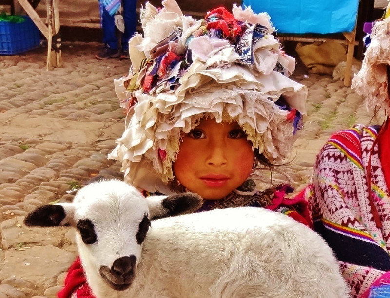 little girl and baby sheep at Pisac market