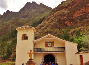 little church with Quechua Sunday mass