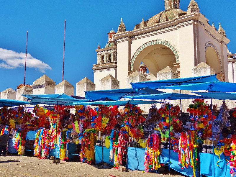 basilica with stalls selling flowers & colorful decorations