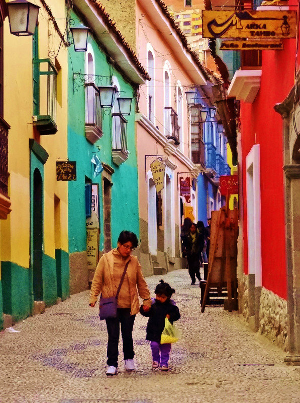 colorful Jaen Street with mosaic pebble street
