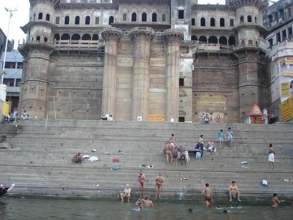 Sacred Ghat (quay) on the Ganges at dawn, Varansi