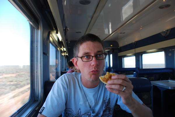 Filling his face with pie, Indian Pacific
