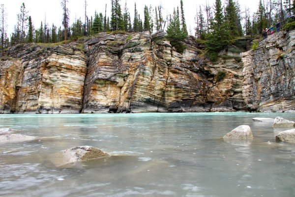 The quiet Athabasca river just below the falls