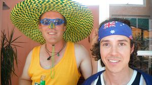 147. My friends Doc and Radz all dressed up in the traditional Aussie colours, yellow and green for the sporting Aussie colours and red, white and blue for the flag!