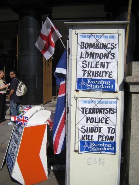 Newspaper stand with headline of bombings
