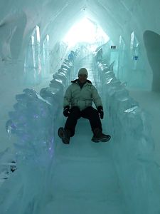Hotel de Glace - trying out the ice slide