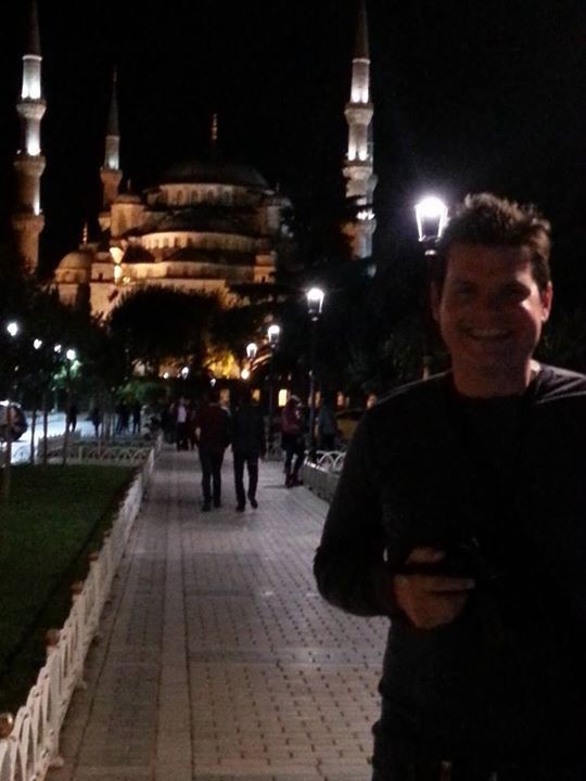 Bill and the Blue mosque at night