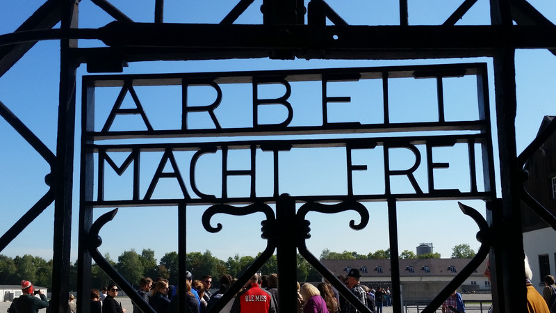 Dachau. A replica of the iconic gate signs of the concentration camps.