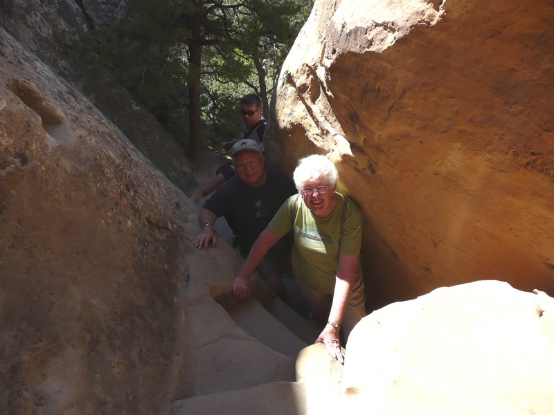 Mesa Verde, Cliff Palace, Lorraine on exit stairs