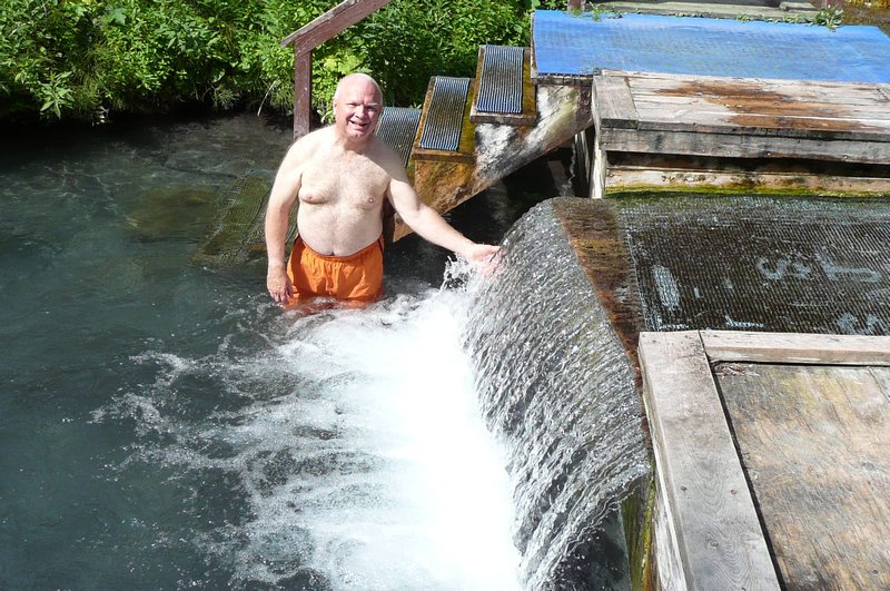 2011-07-08 Dwain testing the waters at Laird Hotsprings