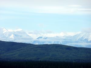 2011-08-06 Fairbanks to Tok, AK clear skies and snowcapped mountains