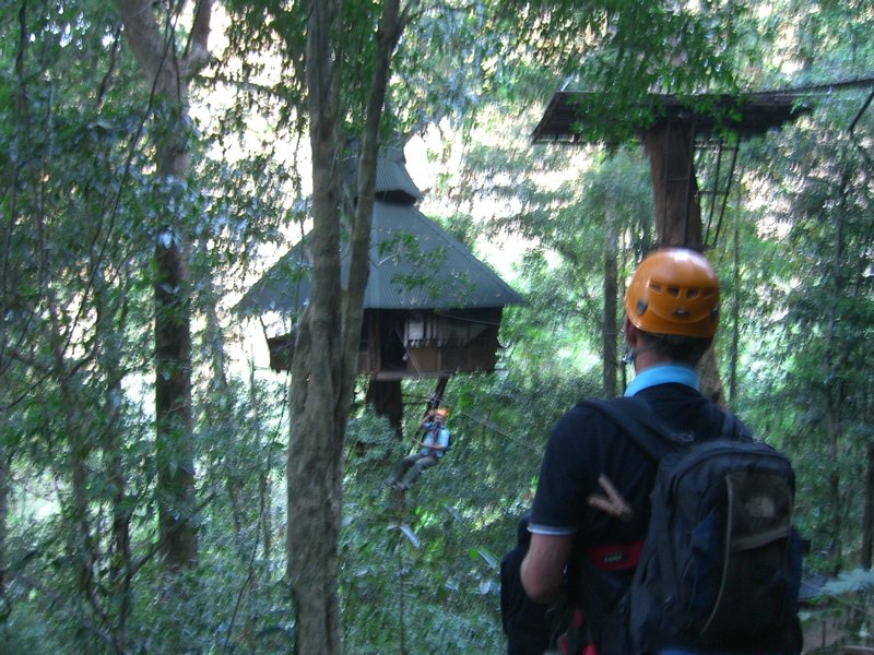 Ziplining out from our treehouse in the morning