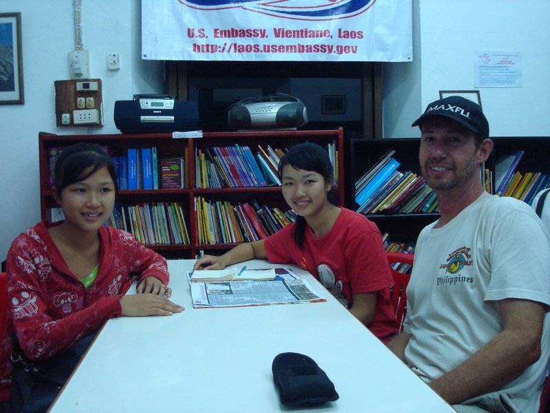 With Nim and Tim at the library in Luang Prabang