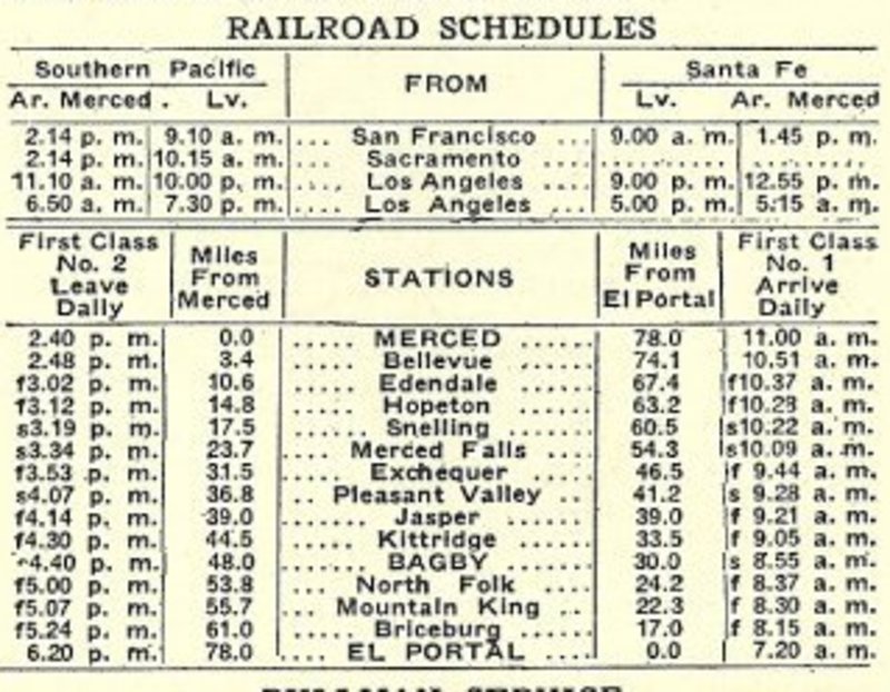 Yosemite Valley Railroad Schedule (1915-1916)