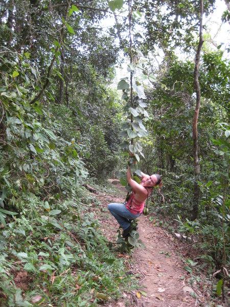 Joanne swinging on vine like Tarzan!