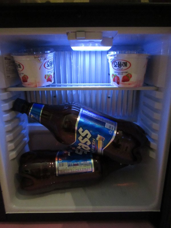 Our tiny room fridge, managed to fill it with essentials