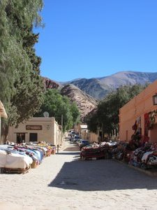 Purmamarca market stalls and view