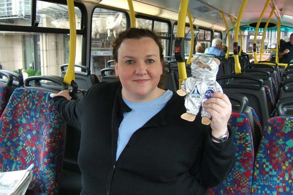 Flat Armstrong on a Big Red Double Decker London Bus; touring the city