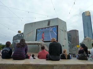 Watching the tennis in Federation Square Melbourne
