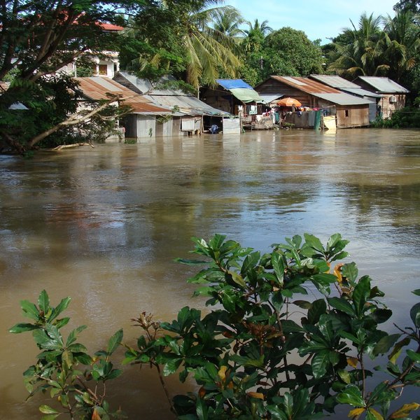 Flooded homes along the river