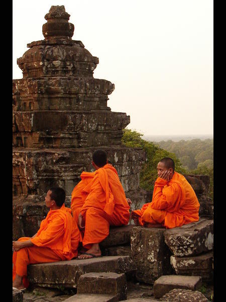 Monks Watching Sunset At Phnom Bakheng 