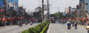 Vietnamese flags line the street