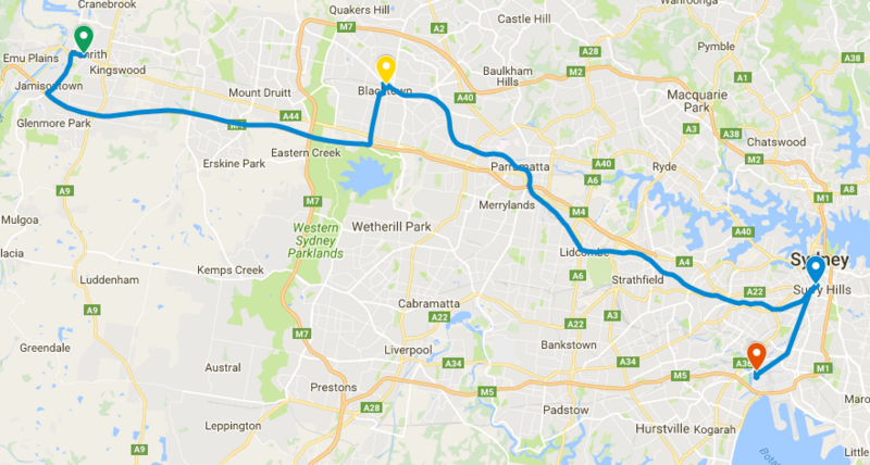 Map - Penrith to Airport