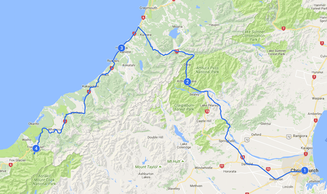 Christchurch to Franz Josef Map