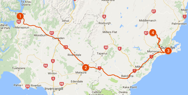 Te Anau to Dunedin Map