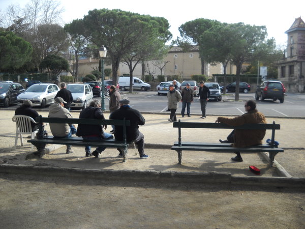 Petanque players!! I was sitting in the "hole," Maurice is the rightmost person on the left bench
