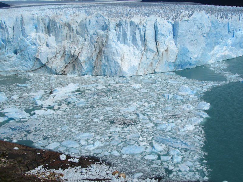 Icebergs float on lake