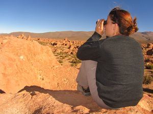 Sarah stares across the desert