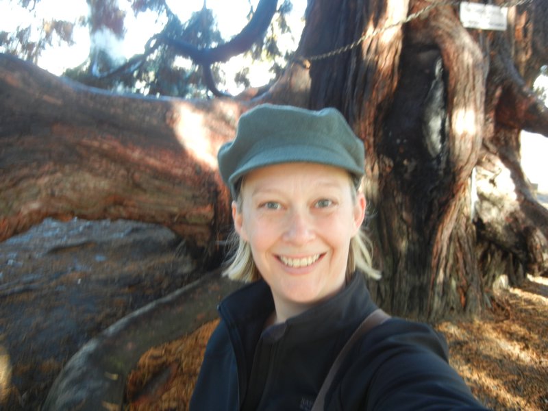 Posing on the other side of the sequoia tree