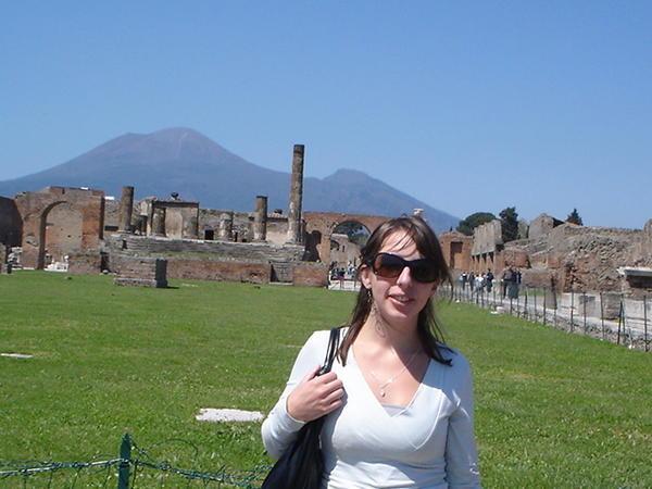Angie at Pompei with the volcano