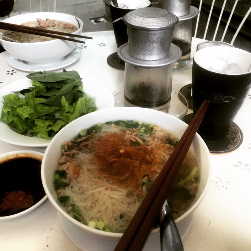 Hot bowl of pho and Vietnamese iced coffee to start the day!