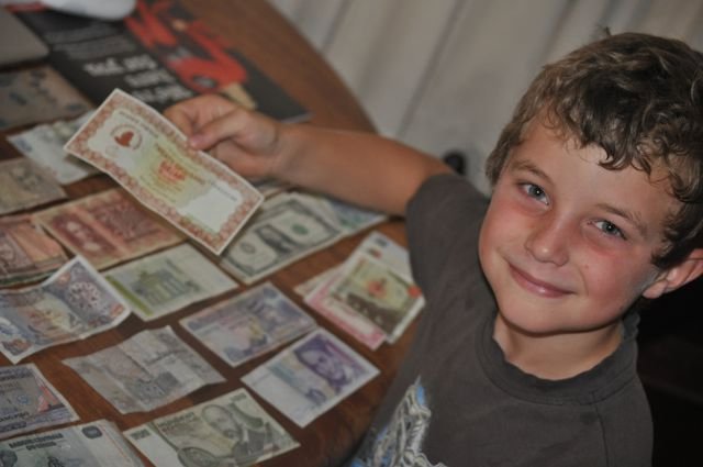 William and his money collection - his obsession (we are also strongly encouraging the collection of Aussie $'s as well!)