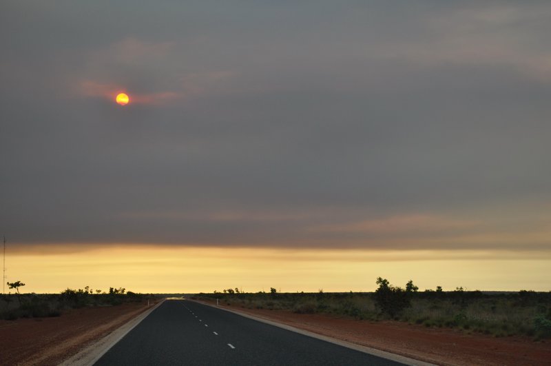 53. Driving from Broome to 80 Mile Beach, the sky was smoky from a bushfire (note even here, the scenery is still remarkably similar to that we saw 800kms further on!)