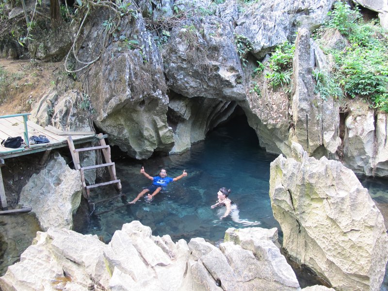 Swimming in the stream outside the cave