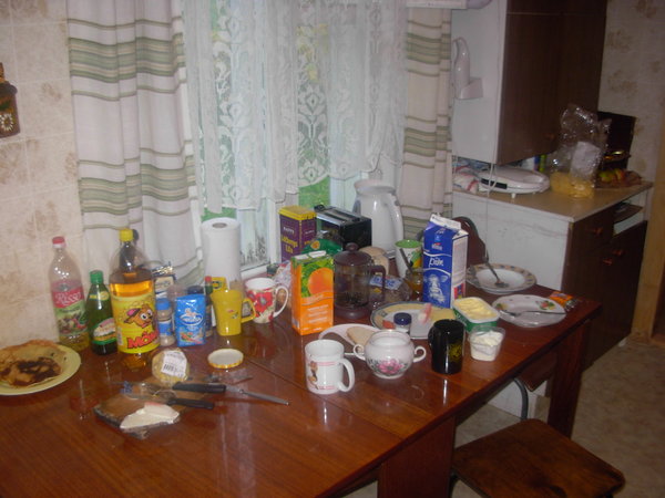 The breakfast table with all the food pushed  my way