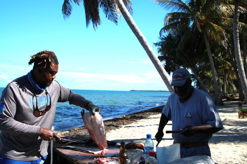 Fisherman gutting fish on the beach