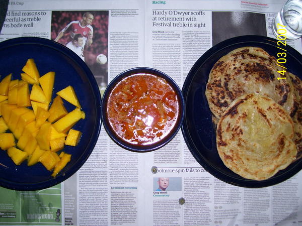 Chicken curry, Parathas & Mango Slices