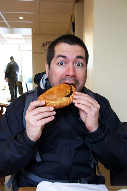 Dan eating a Cornish pasty