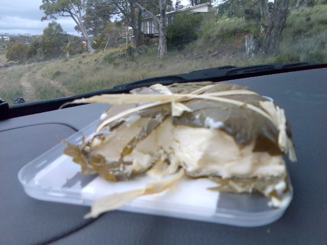 Still life - stunning vine wrapped Bruny Island cheese on car dashboard.