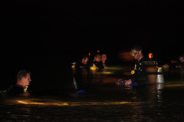 The boys prepare for their night dive