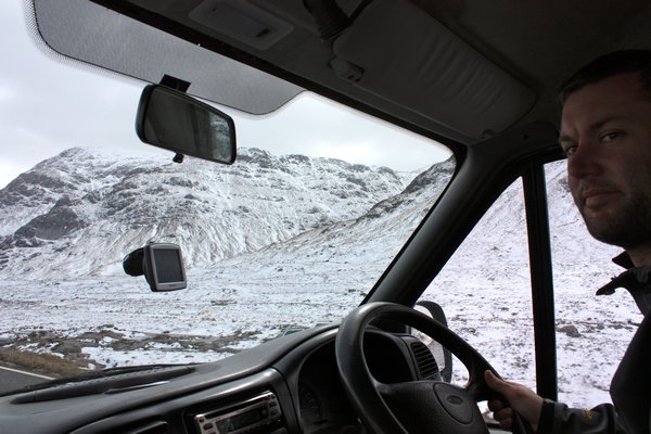Chris driving Brian up the Glen Coe Pass