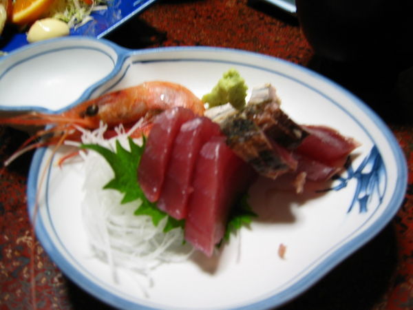 Seafood feast -- sashimi! Raw Prawns with blue eggs!