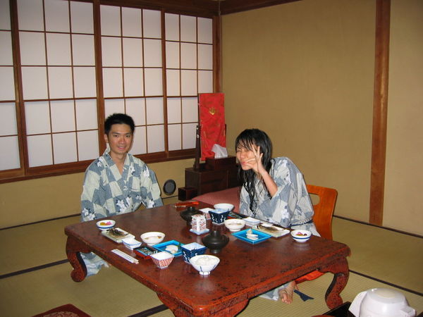 Breakfast after onsen! That's us in our yukata! 