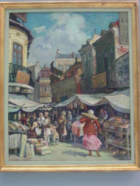 Bustling Bucharest street in Romanian painting