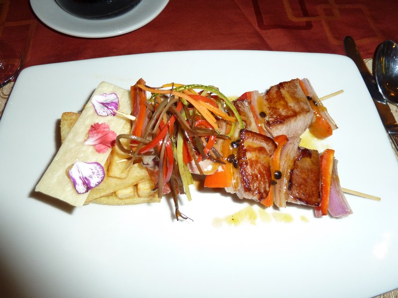 Pam's dinner - alpaca with pashionfruit sauce, re onion and capsicum