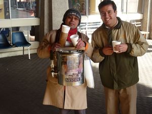Coffee entrepreneur at Puerto Montt bus station
